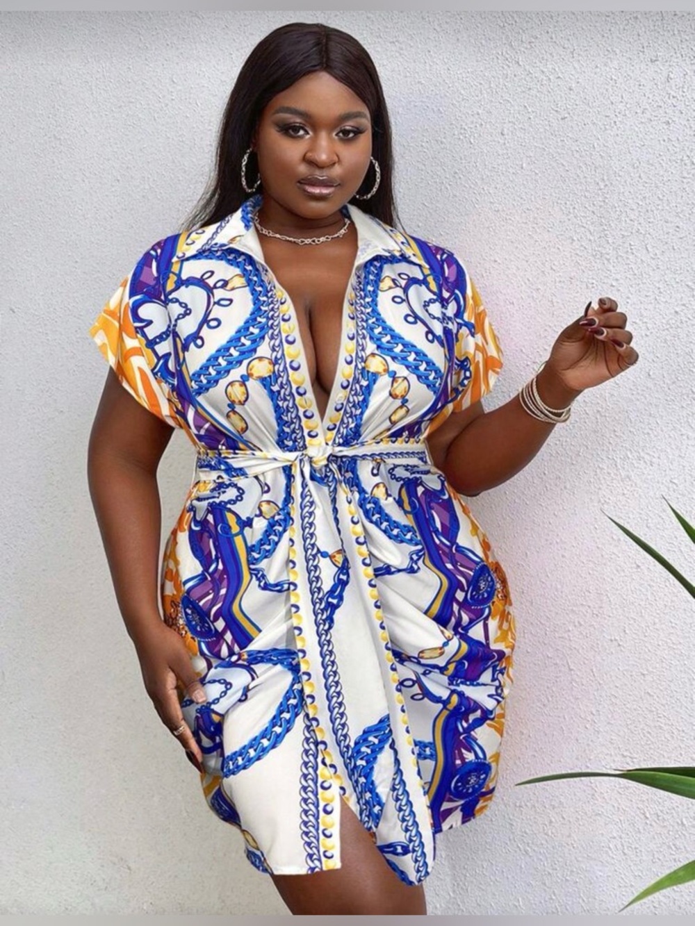 Pre-Loved Chain-Print Tie-Waist Shirt Dress in White, Blue & Yellows - Picture 3 of 3